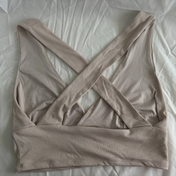 Dynamite Crossover Crop Tops in Olive and Beige - Picture 6 of 7